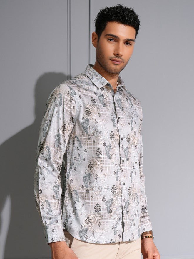 Locomotive Men Premium Grey Satin Printed Party Shirt - Grey - Image 6