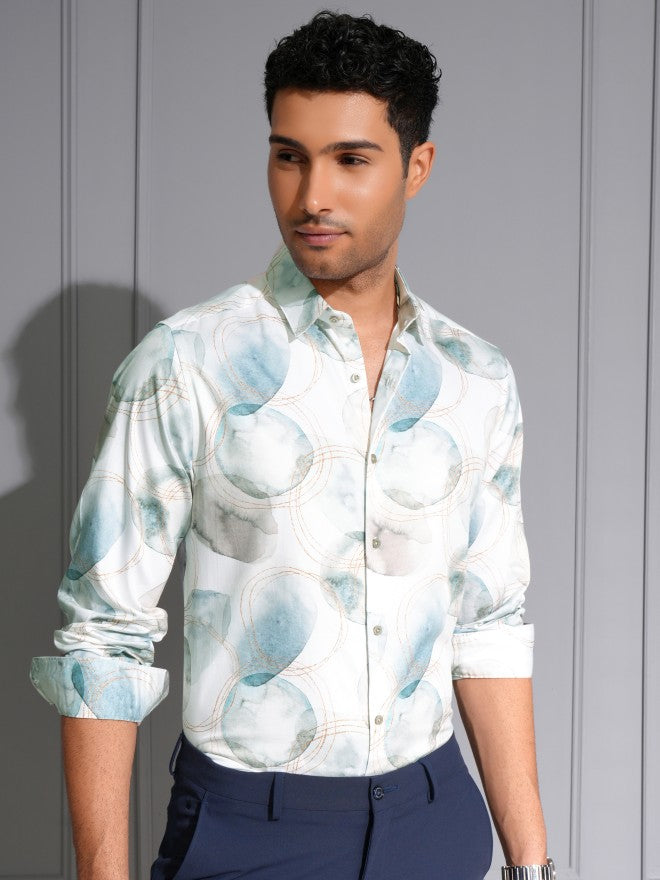 Locomotive Men Premium White Satin Printed Party Shirt - White - Image 1