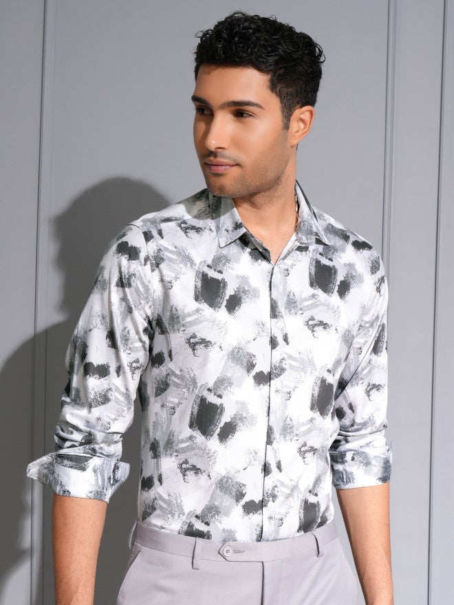 Locomotive Men Premium Grey Satin Printed Party Shirt - Grey - Image 1