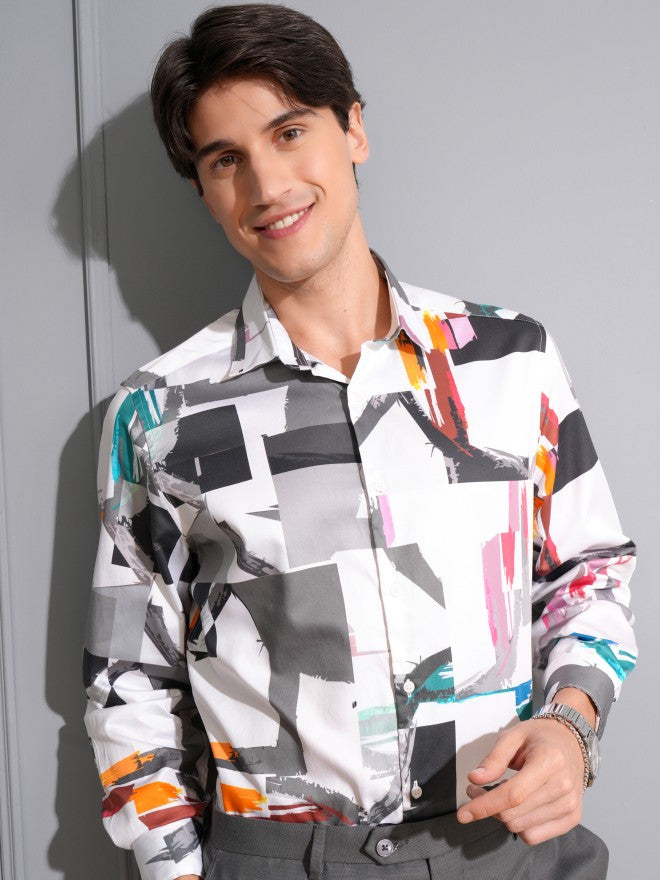 Locomotive Men White Printed Slim Fit Casual Shirt - White - Image 1
