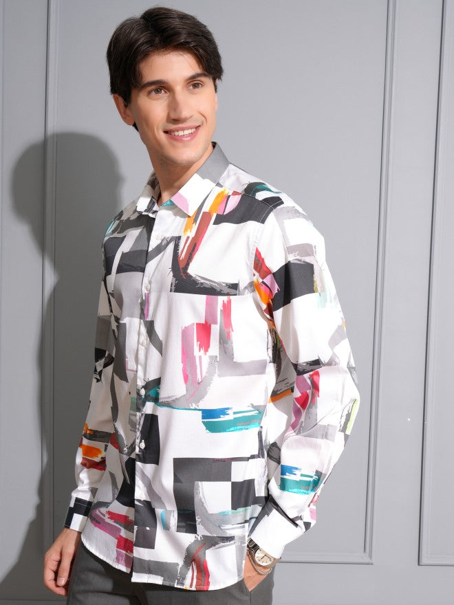 Locomotive Men White Printed Slim Fit Casual Shirt - White - Image 4