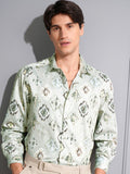 Locomotive Men Green Printed Slim Fit Casual Shirt - Green - Image 1