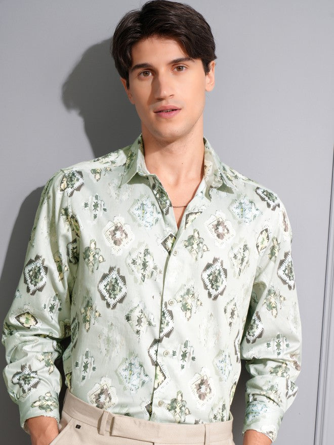 Locomotive Men Green Printed Slim Fit Casual Shirt - Green - Image 1