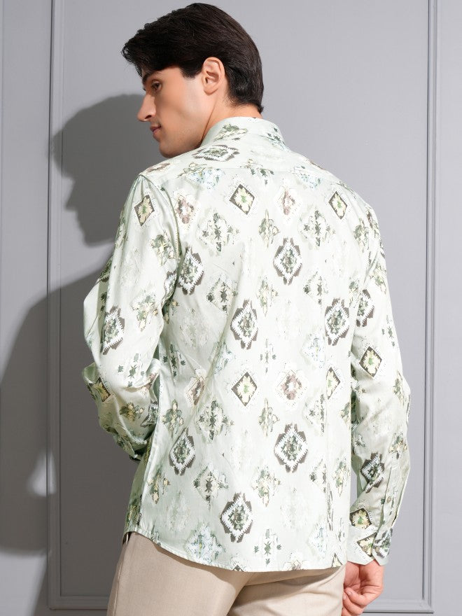 Locomotive Men Green Printed Slim Fit Casual Shirt - Green - Image 3