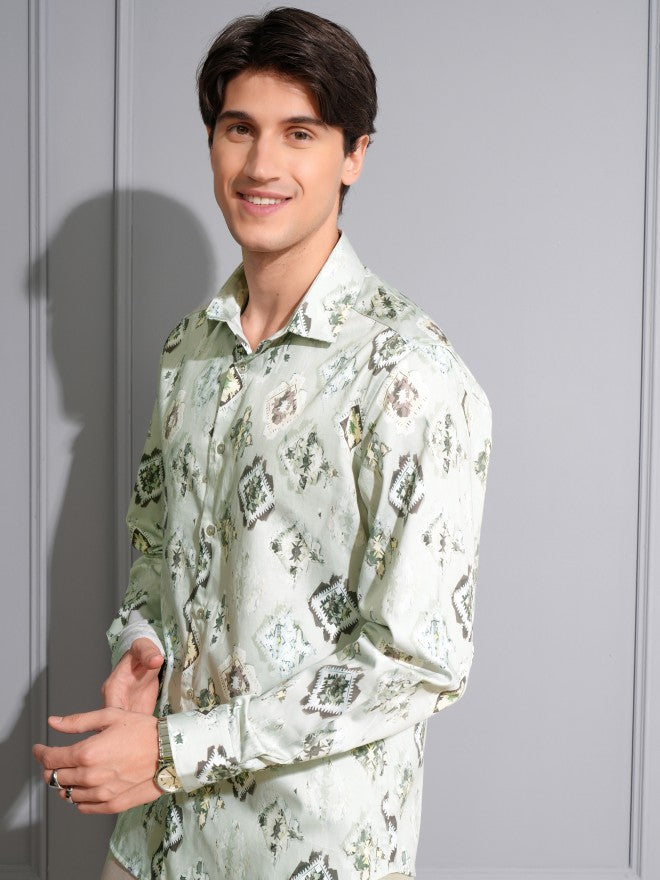 Locomotive Men Green Printed Slim Fit Casual Shirt - Green - Image 4