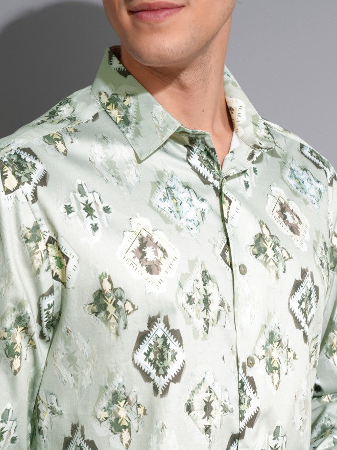 Locomotive Men Green Printed Slim Fit Casual Shirt - Green - Image 5