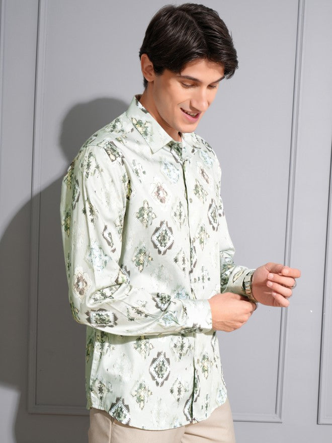Locomotive Men Green Printed Slim Fit Casual Shirt - Green - Image 6