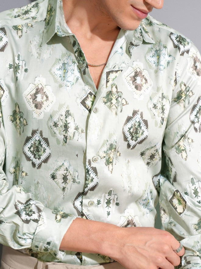 Locomotive Men Green Printed Slim Fit Casual Shirt - Green - Image 8