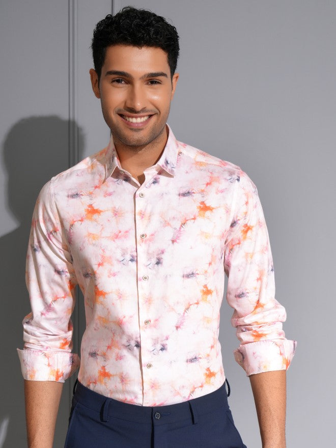 Locomotive Men Premium Light Pink Satin Printed Party Shirt - Pink - Image 1