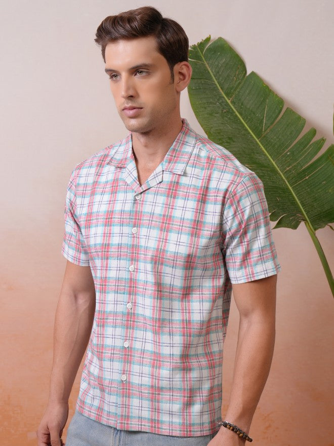 Locomotive Premium Men Red Checked Cuban Collar Relaxed Shirt - Red - Image 4