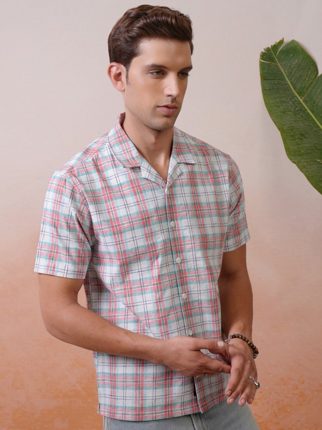 Locomotive Premium Men Red Checked Cuban Collar Relaxed Shirt - Red - Image 6