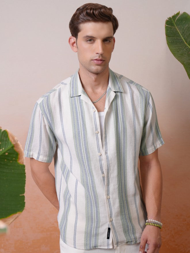 Locomotive Premium Men Green Dobby Textured Striped Cuban Collar Relaxed Shirt - Green - Image 1