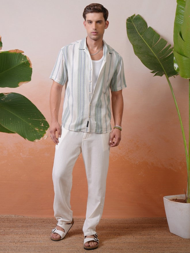 Locomotive Premium Men Green Dobby Textured Striped Cuban Collar Relaxed Shirt - Green - Image 2