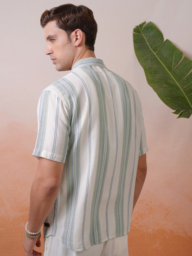 Locomotive Premium Men Green Dobby Textured Striped Cuban Collar Relaxed Shirt - Green - Image 3
