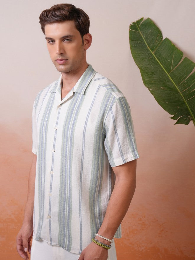 Locomotive Premium Men Green Dobby Textured Striped Cuban Collar Relaxed Shirt - Green - Image 4