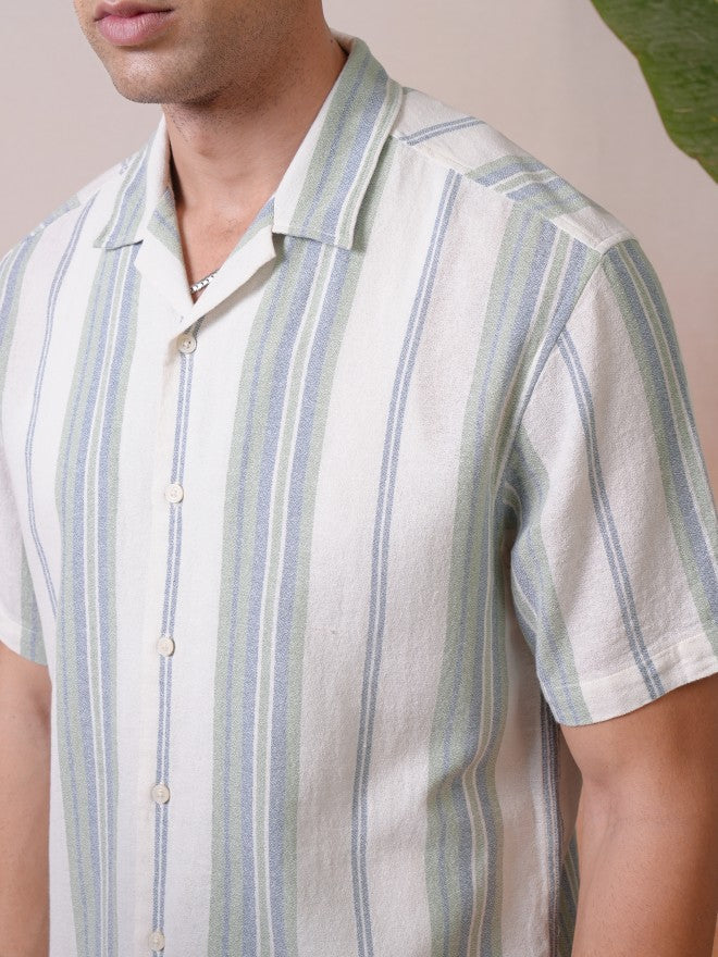 Locomotive Premium Men Green Dobby Textured Striped Cuban Collar Relaxed Shirt - Green - Image 5