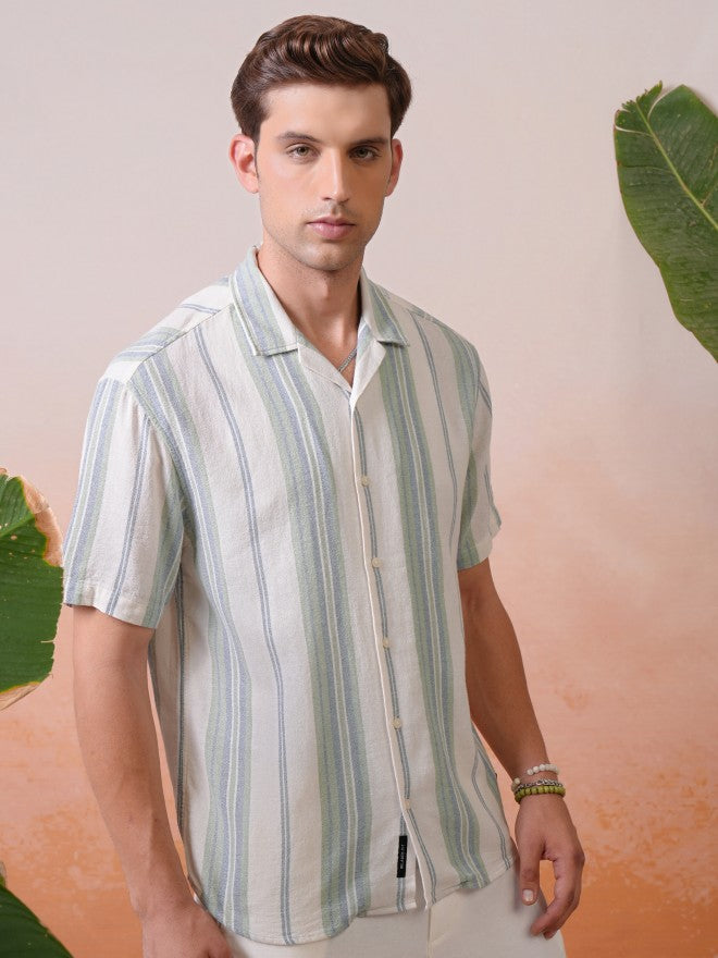 Locomotive Premium Men Green Dobby Textured Striped Cuban Collar Relaxed Shirt - Green - Image 6