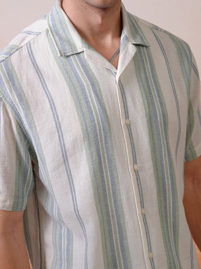 Locomotive Premium Men Green Dobby Textured Striped Cuban Collar Relaxed Shirt - Green - Image 7