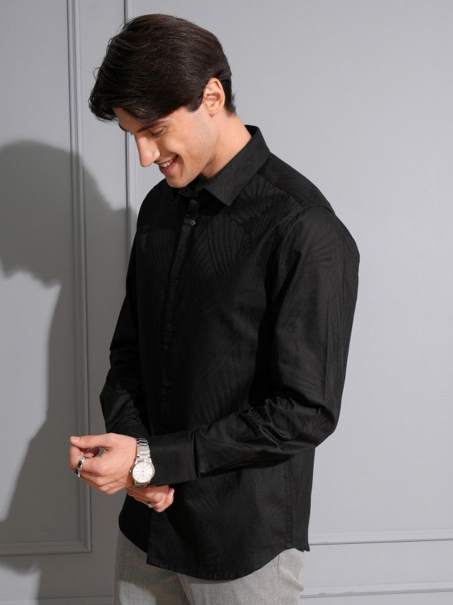 Locomotive Men Black Textured Slim Fit Casual Shirt - Black - Image 4