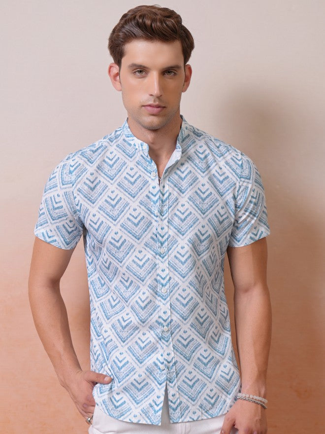Locomotive Premium Men Blue Printed Mandarin Collar Relaxed Shirt - Blue - Image 1
