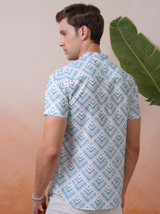 Locomotive Premium Men Blue Printed Mandarin Collar Relaxed Shirt - Blue - Image 3