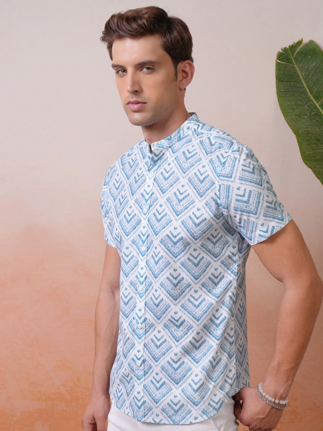 Locomotive Premium Men Blue Printed Mandarin Collar Relaxed Shirt - Blue - Image 4