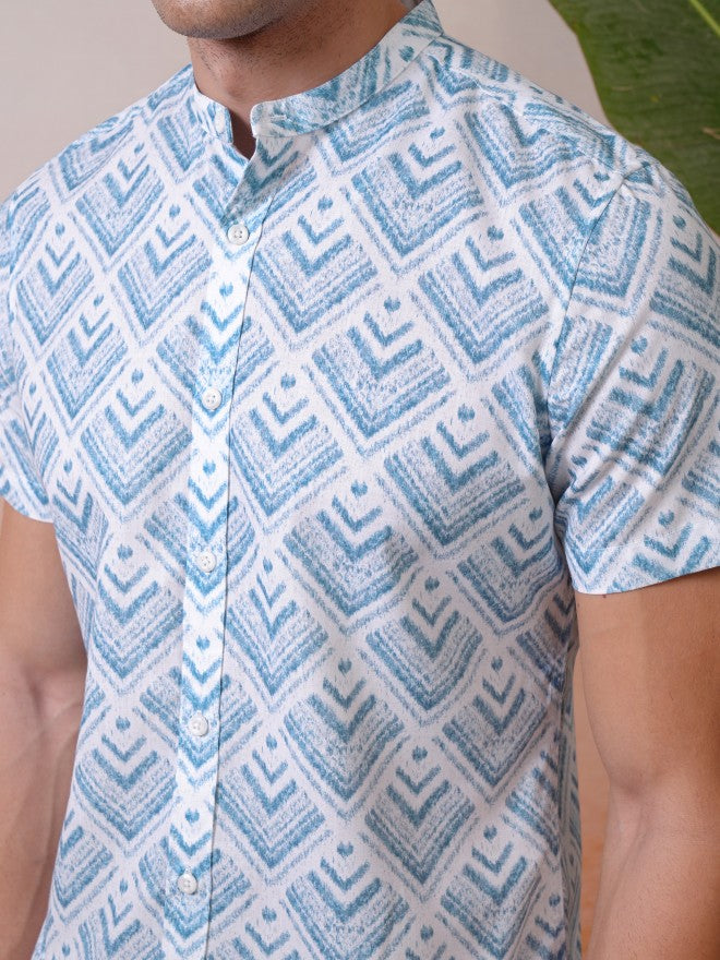 Locomotive Premium Men Blue Printed Mandarin Collar Relaxed Shirt - Blue - Image 5