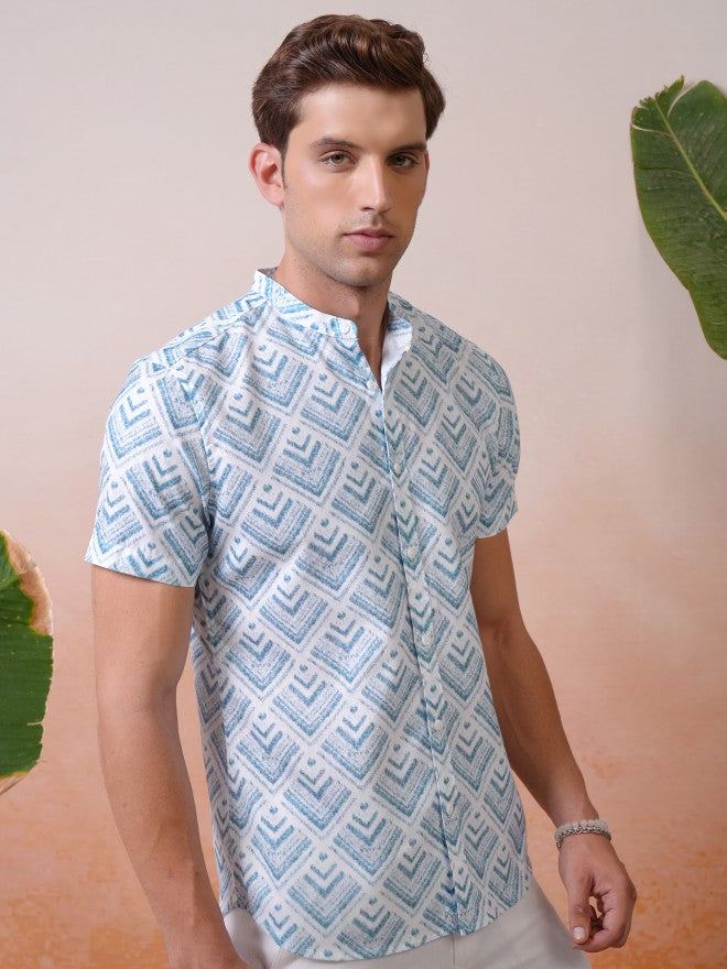 Locomotive Premium Men Blue Printed Mandarin Collar Relaxed Shirt - Blue - Image 6