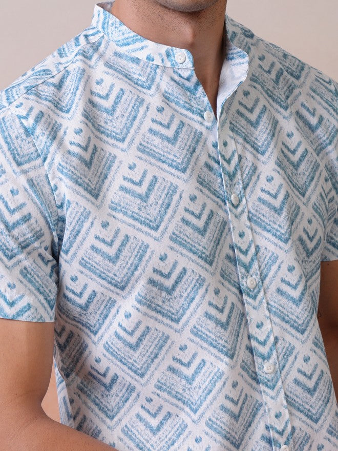 Locomotive Premium Men Blue Printed Mandarin Collar Relaxed Shirt - Blue - Image 7