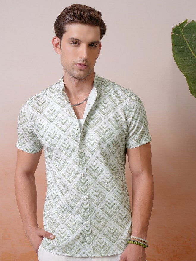Locomotive Premium Men Green Printed Mandarin Collar Relaxed Shirt - Olive - Image 1