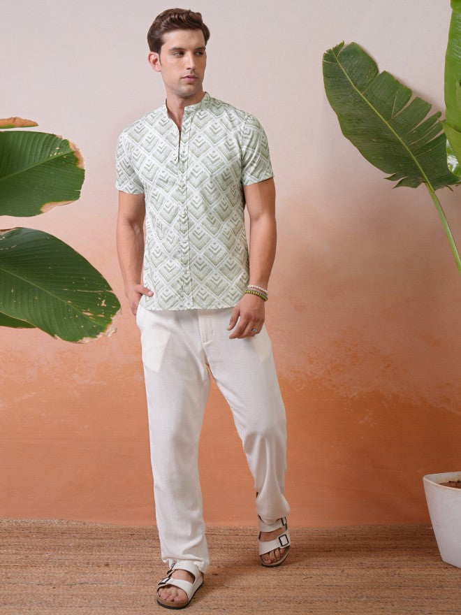 Locomotive Premium Men Green Printed Mandarin Collar Relaxed Shirt - Olive - Image 2