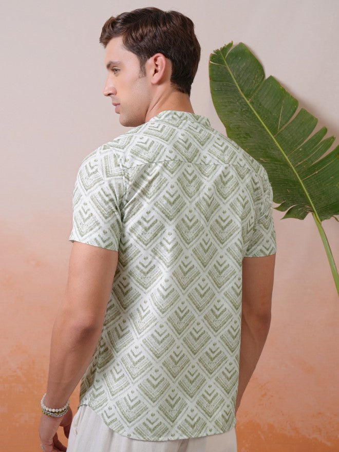 Locomotive Premium Men Green Printed Mandarin Collar Relaxed Shirt - Olive - Image 3
