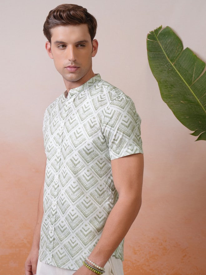 Locomotive Premium Men Green Printed Mandarin Collar Relaxed Shirt - Olive - Image 4