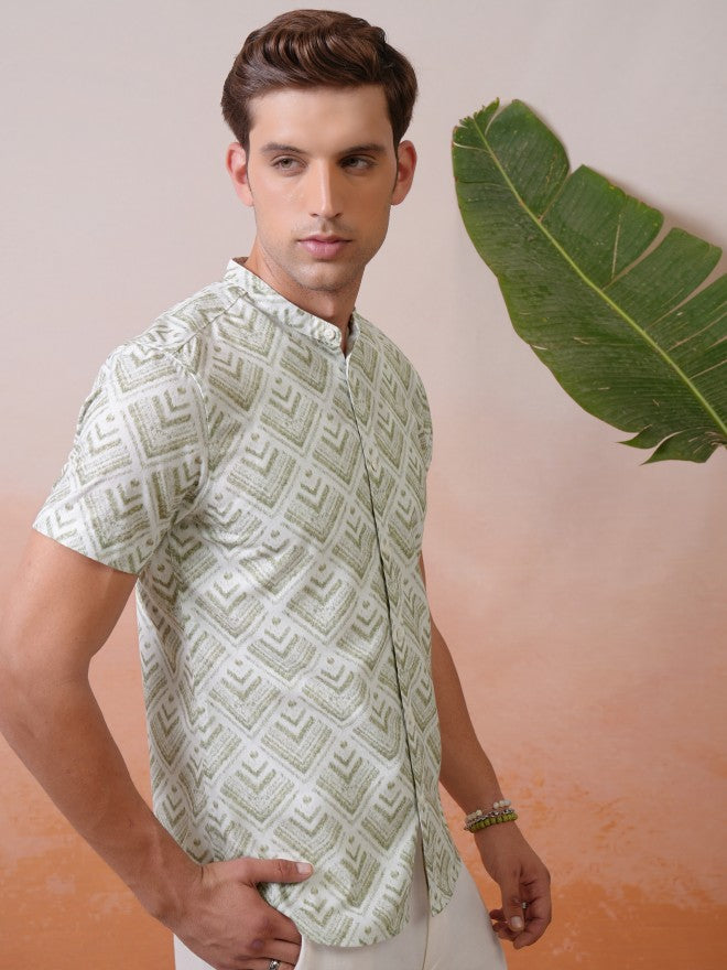 Locomotive Premium Men Green Printed Mandarin Collar Relaxed Shirt - Olive - Image 6