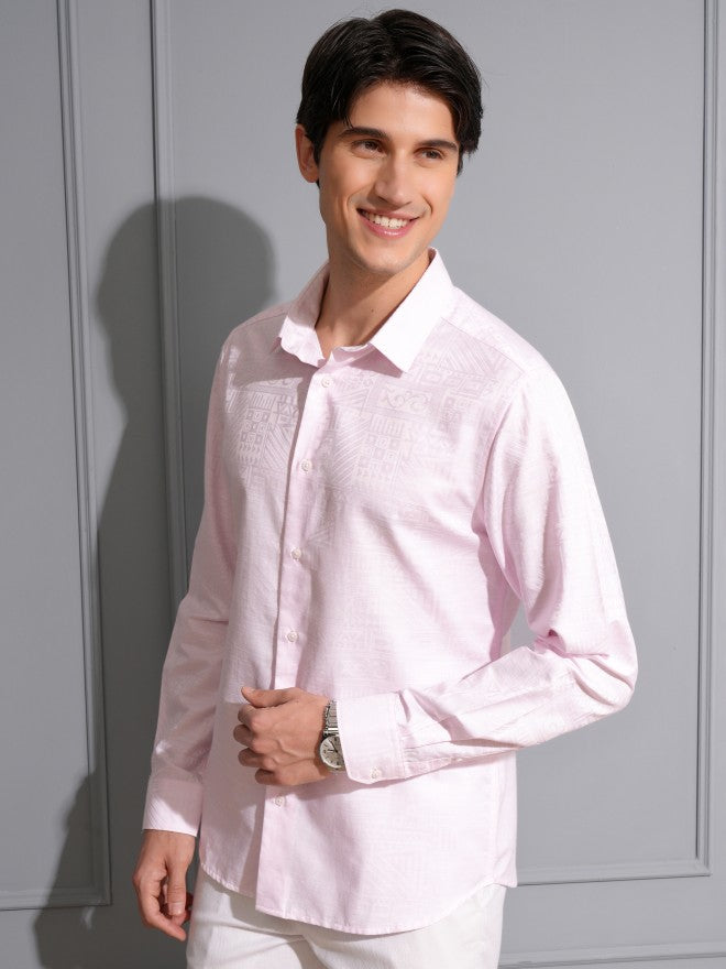 Locomotive Men Pink Textured Slim Fit Casual Shirt - Pink - Image 4