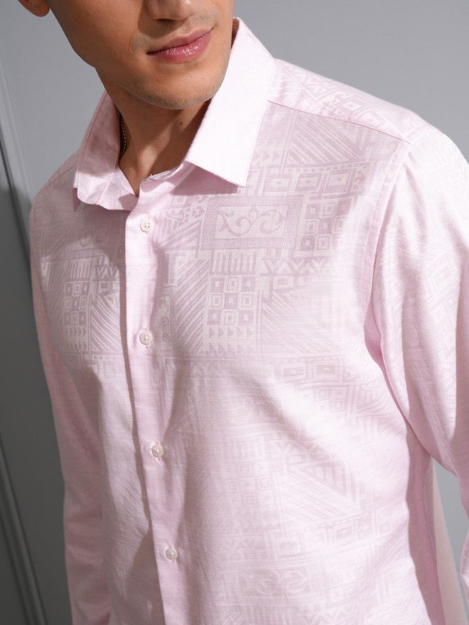 Locomotive Men Pink Textured Slim Fit Casual Shirt - Pink - Image 5