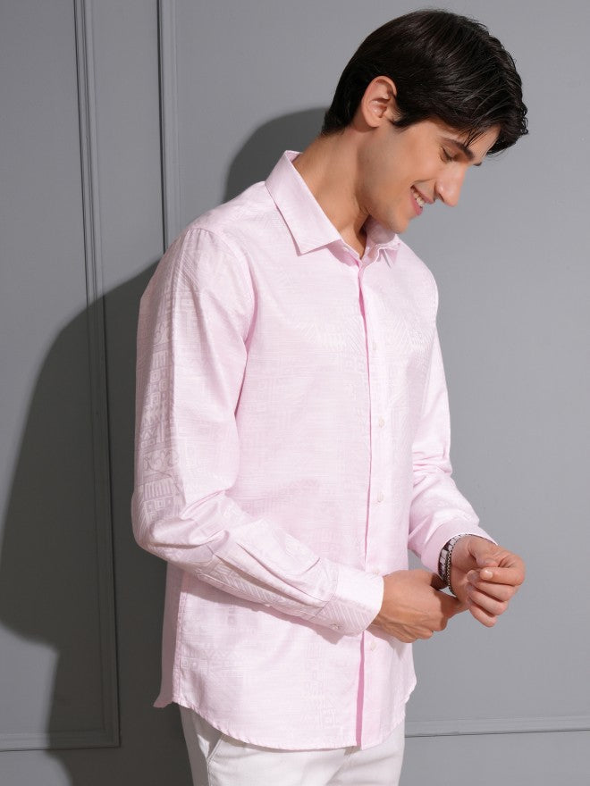 Locomotive Men Pink Textured Slim Fit Casual Shirt - Pink - Image 6