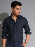 Locomotive Men Navy Blue Striped Slim Fit Casual Shirt - Navy Blue - Image 1