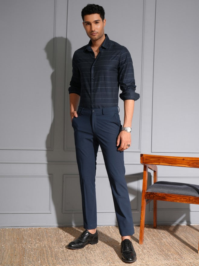 Locomotive Men Navy Blue Striped Slim Fit Casual Shirt - Navy Blue - Image 2