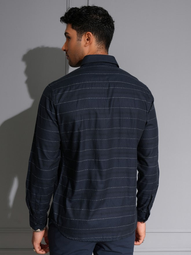 Locomotive Men Navy Blue Striped Slim Fit Casual Shirt - Navy Blue - Image 3