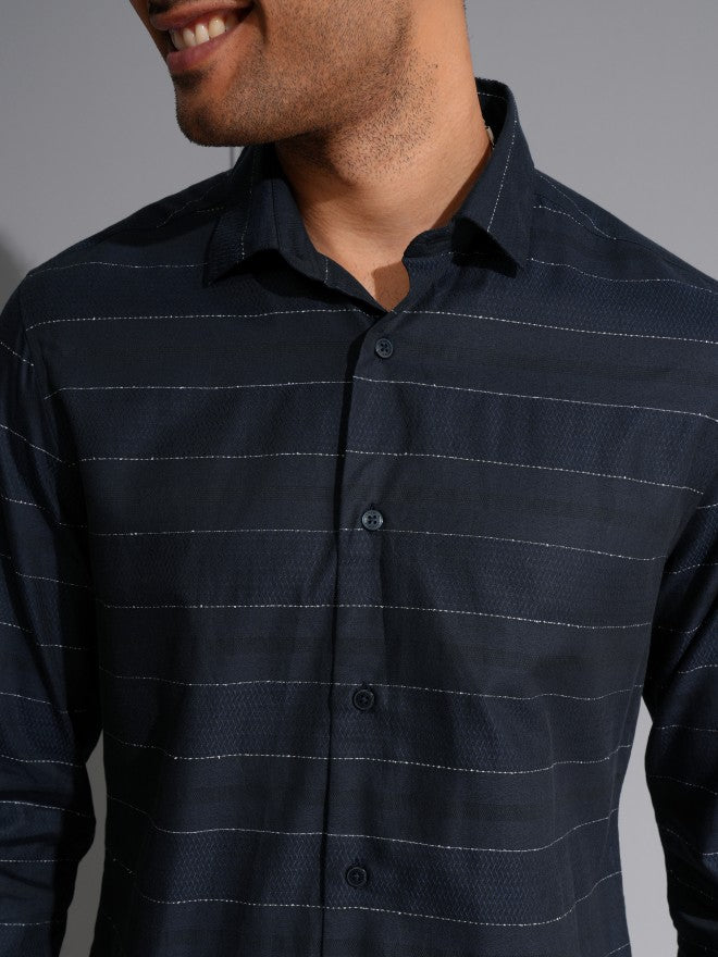Locomotive Men Navy Blue Striped Slim Fit Casual Shirt - Navy Blue - Image 5