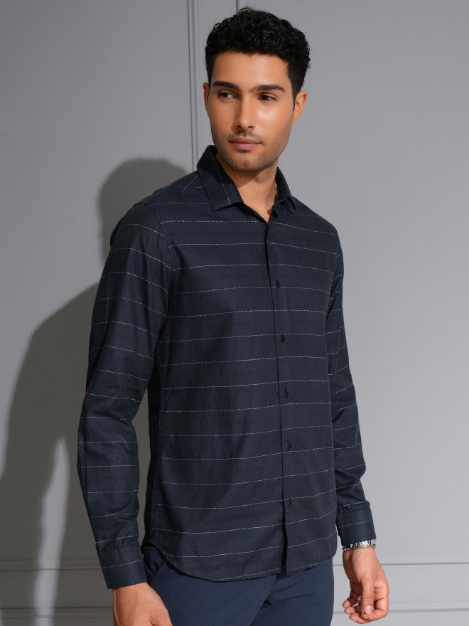 Locomotive Men Navy Blue Striped Slim Fit Casual Shirt - Navy Blue - Image 6