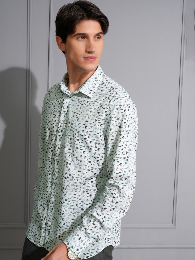 Locomotive Men Green Printed Slim Fit Casual Shirt - Green - Image 4