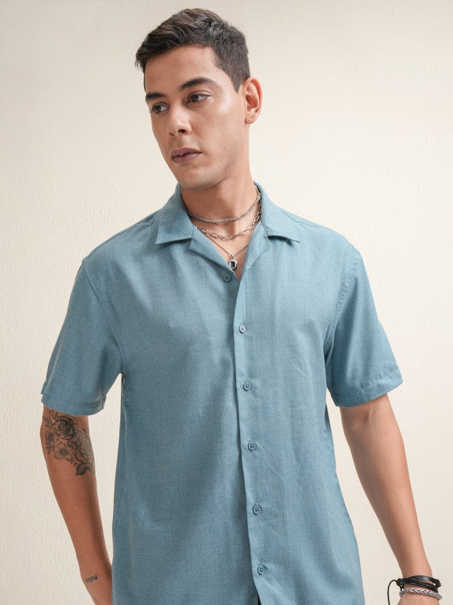 Locomotive Premium Men Blue Solid Relaxed Fit Casual Shirt - Blue - Image 1