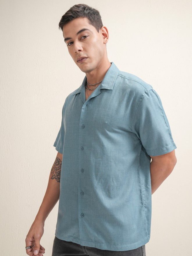 Locomotive Premium Men Blue Solid Relaxed Fit Casual Shirt - Blue - Image 4