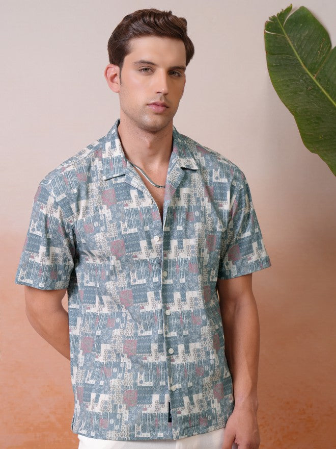 Locomotive Premium Men Teal Popcorn Textured Printed Cuban Collar Relaxed Shirt - Teal - Image 1