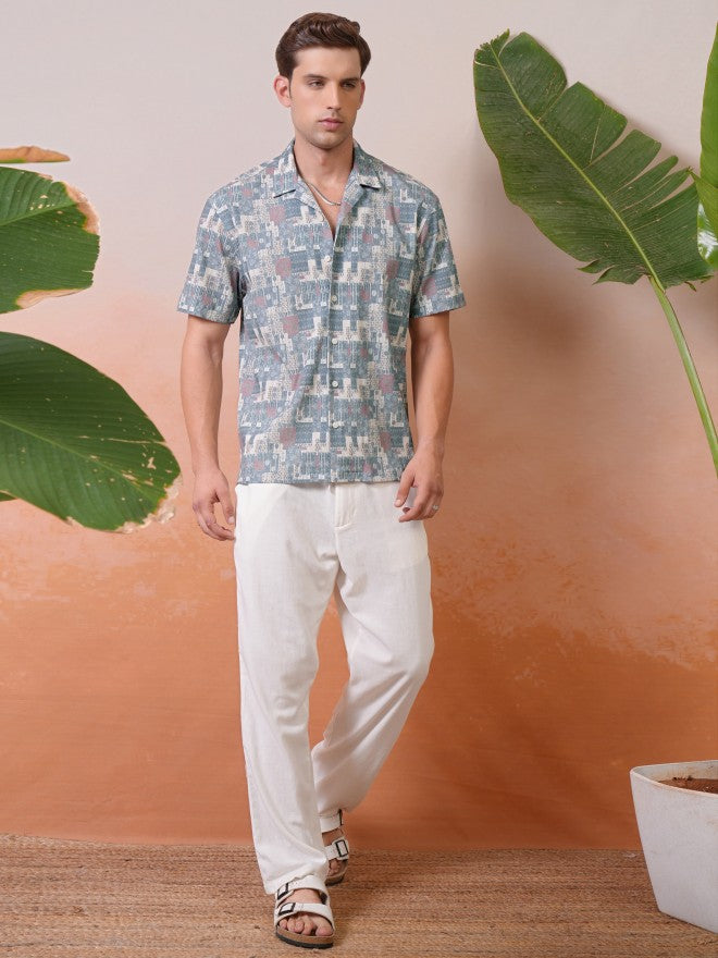 Locomotive Premium Men Teal Popcorn Textured Printed Cuban Collar Relaxed Shirt - Teal - Image 2