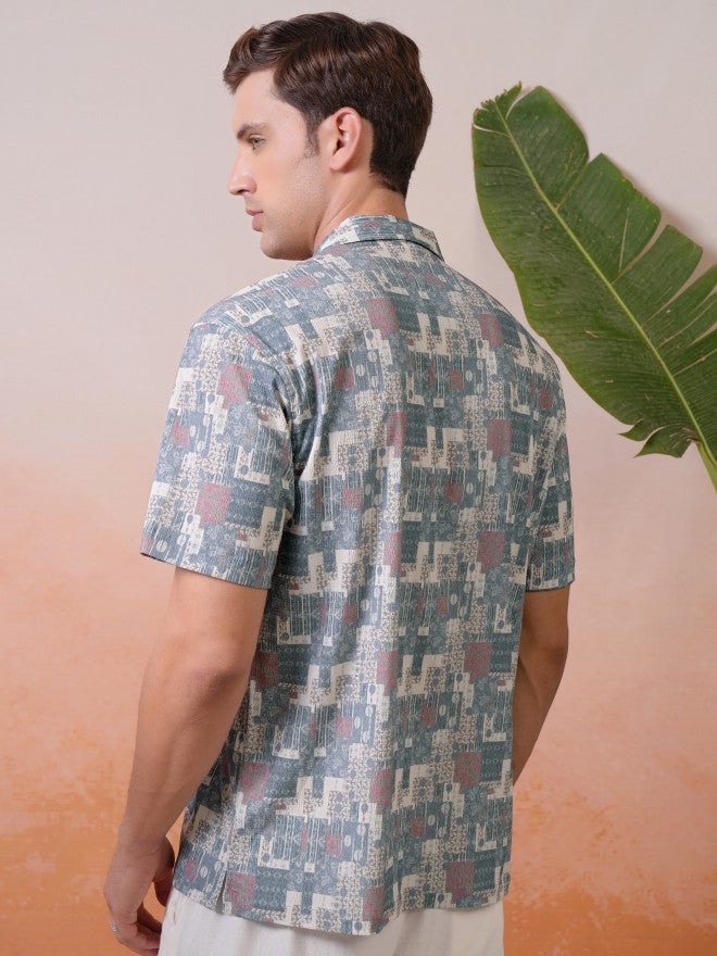 Locomotive Premium Men Teal Popcorn Textured Printed Cuban Collar Relaxed Shirt - Teal - Image 3