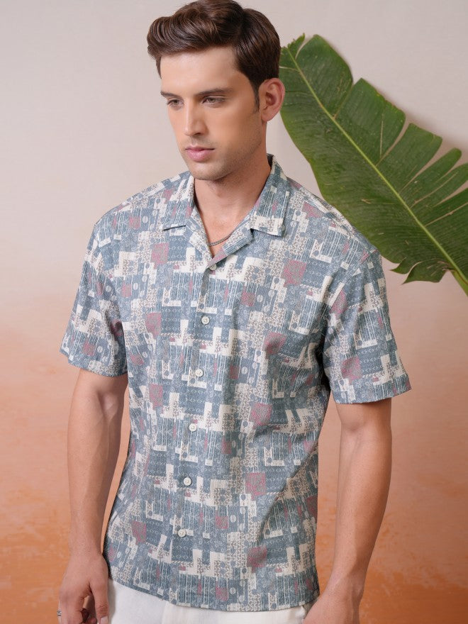Locomotive Premium Men Teal Popcorn Textured Printed Cuban Collar Relaxed Shirt - Teal - Image 4