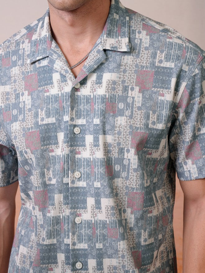 Locomotive Premium Men Teal Popcorn Textured Printed Cuban Collar Relaxed Shirt - Teal - Image 5